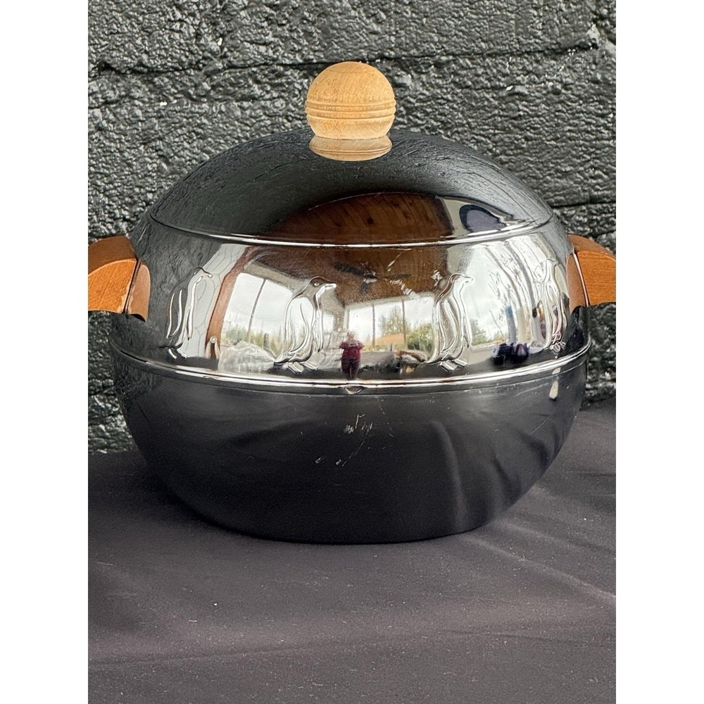 1940s West Bend Penguin Hot Cold Server Ice Bucket MCM WOOD Handles 1st Edition